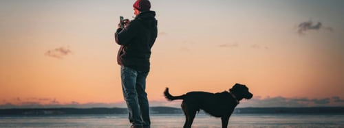 Silhouette of a man and his dog against a sunset