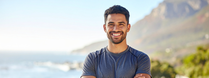 Man standing with his arms crossed smiling with mountains and ocean in the background