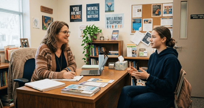 LCSW talking with a student