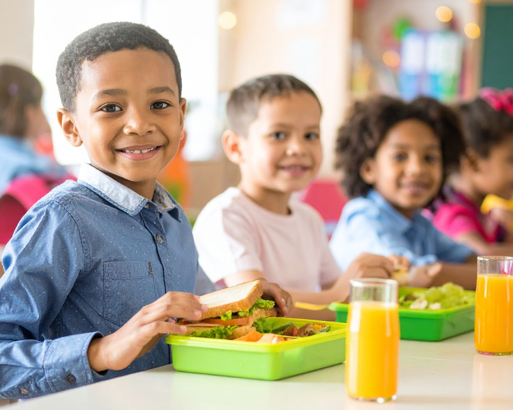 Students sitting at a table eating lunch