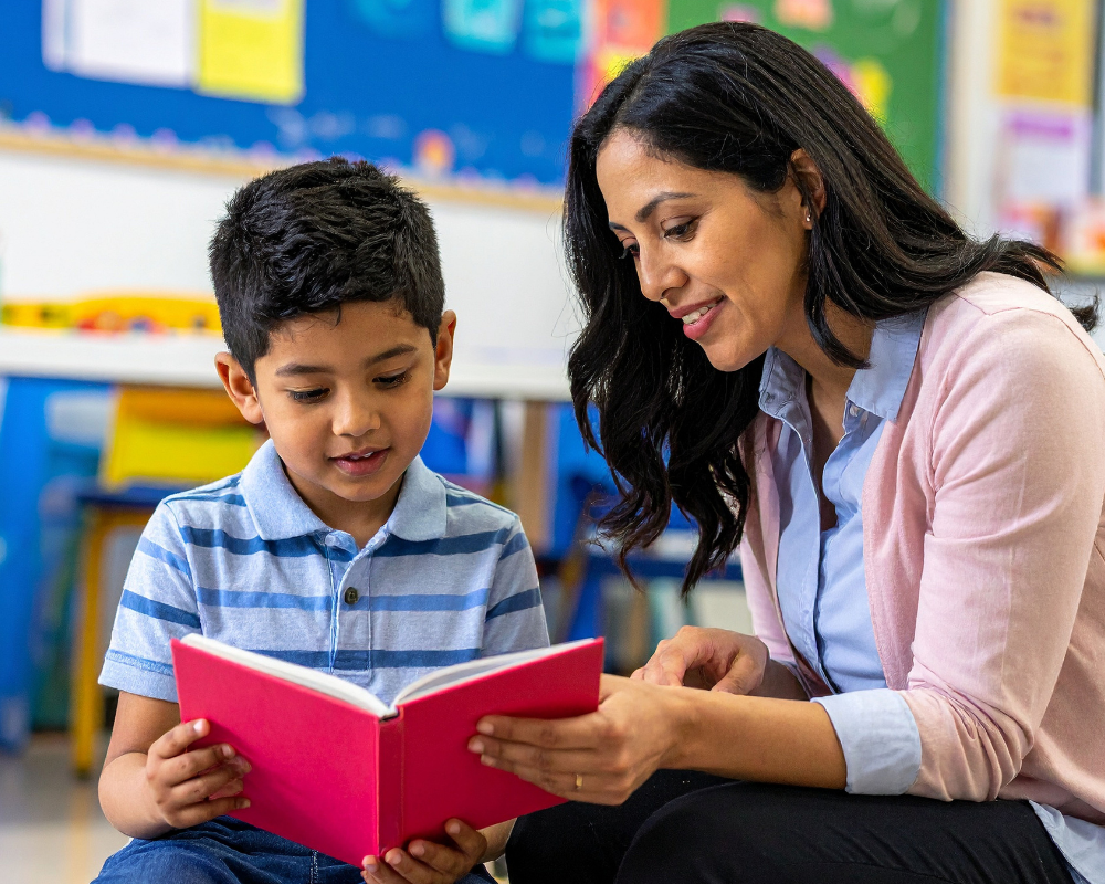 Teacher reading a book with a student-1