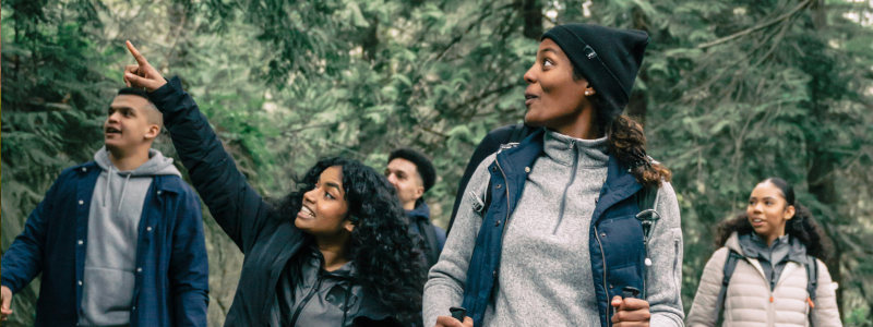 Group of friends hiking in the forest together